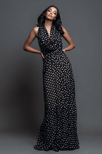 Black White Dot A Line Halter Long Formal Dress